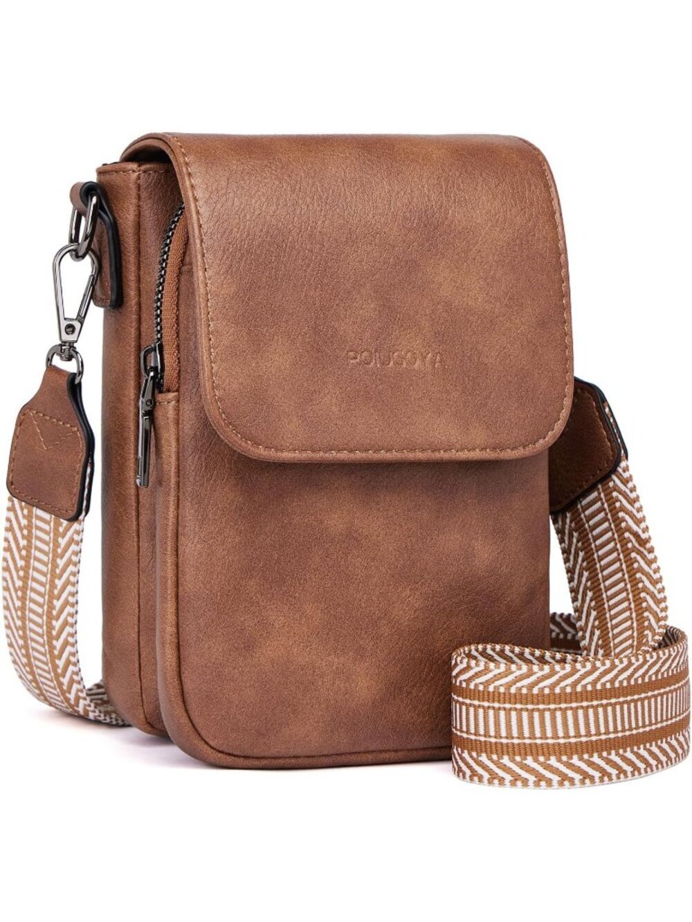 POIUGOYA Women's Brown Leather Triple Compartment Cell Phone Crossbody Bag